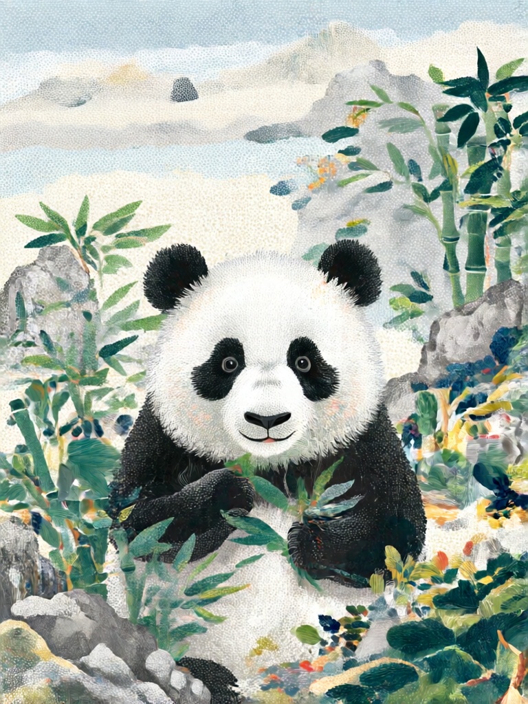 DCJL, 圆憨熊猫占据画面核心,黑白毛发通过深浅点阵的交错排布呈现蓬松质感,周遭环绕点彩绘制的青竹与山石,墨绿、炭灰、米白点阵堆叠出竹叶与岩石纹理,冷调色彩温润柔和,简洁的熊猫形态与细密点彩装饰相映,呆萌治愈且充满手工肌理质感。
