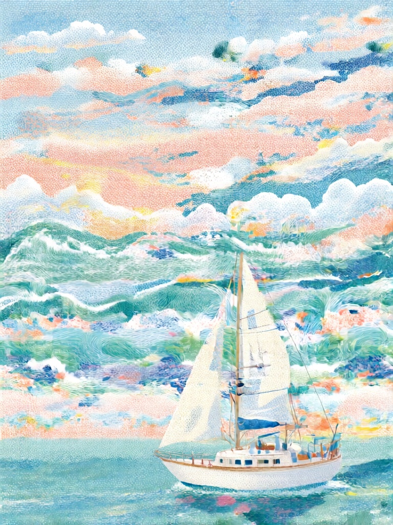 DCJL, 白帆船行于画面下半部分,船身与帆面以米白、浅蓝点阵塑造,上方以点彩肌理铺陈海浪与霞光,橘粉、湖蓝点阵堆叠出水波与流云,纯靠色点密度表现光影,清新海调澄澈治愈,简约帆船与灵动点彩海景相融,传递自由悠然的氛围。

