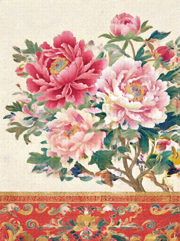 DCJL, 牡丹花枝居于画面上半部分,花瓣以玫红、妃粉、米白点阵堆叠层叠质感,下方衬托点彩构成的锦地纹样,朱红、鎏金点纹勾勒卷草与回纹,纯靠色点密度塑造光影,华贵色调雍容大气,繁复花型与规整点彩装饰相映,尽显中式雍容美学。
