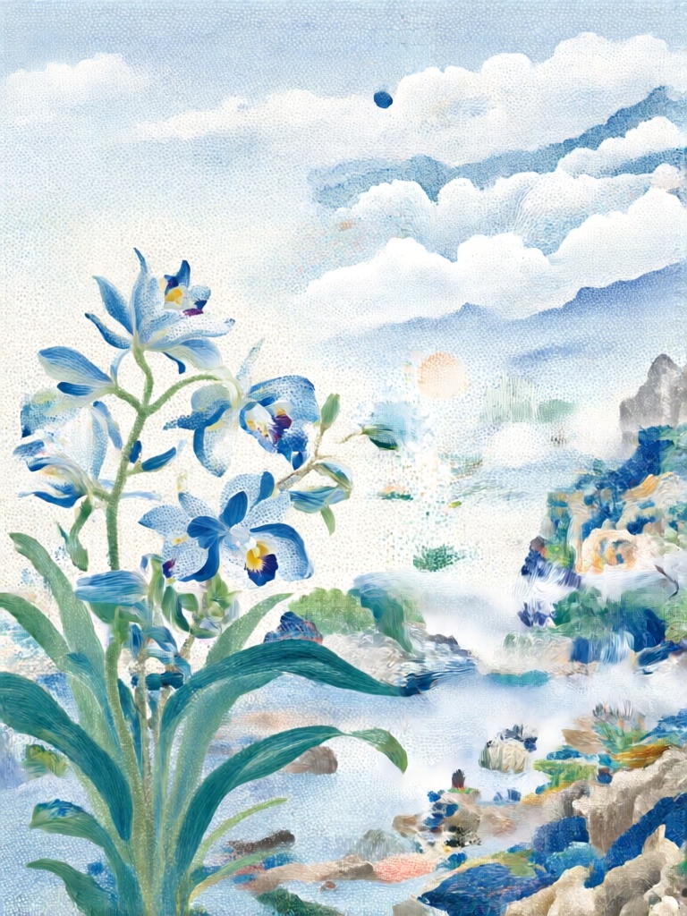 DCJL, 幽兰植株居于画面左侧,花瓣与叶片以青蓝、素白点阵勾勒,右侧以密集点彩构筑空谷与云气,细点堆叠出山石与雾霭的肌理,低饱和冷调清雅脱俗,无实色填充仅靠点纹明暗塑形,简约花枝与空灵点彩背景平衡,尽显东方极简装饰美学。
