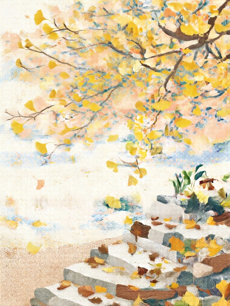 DCJL, 银杏枝蔓铺满画面上半部分,叶片以金黄、浅橙点阵堆叠质感,下方坐落点彩构成的石阶与落木,棕褐、米白点阵塑造石纹与木纹,暖调温柔治愈,简约枝丫与细腻点彩背景相映,尽显秋日温润的装饰意境。