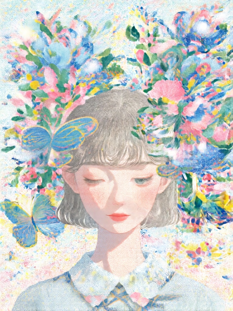 DCJL, 垂眸少女居于画面下半部分,眉眼柔和,面部以浅肤色调的细点塑造光影,上方与两侧迸发着点彩构成的蝴蝶与花簇,蓝、粉、黄的色点疏密交织勾勒翅脉与花瓣,衣领用交叉点纹强化质感,柔亮色调梦幻灵动,静谧人像与绚烂点彩纹样形成视觉平衡,温柔又富有超现实美感。
