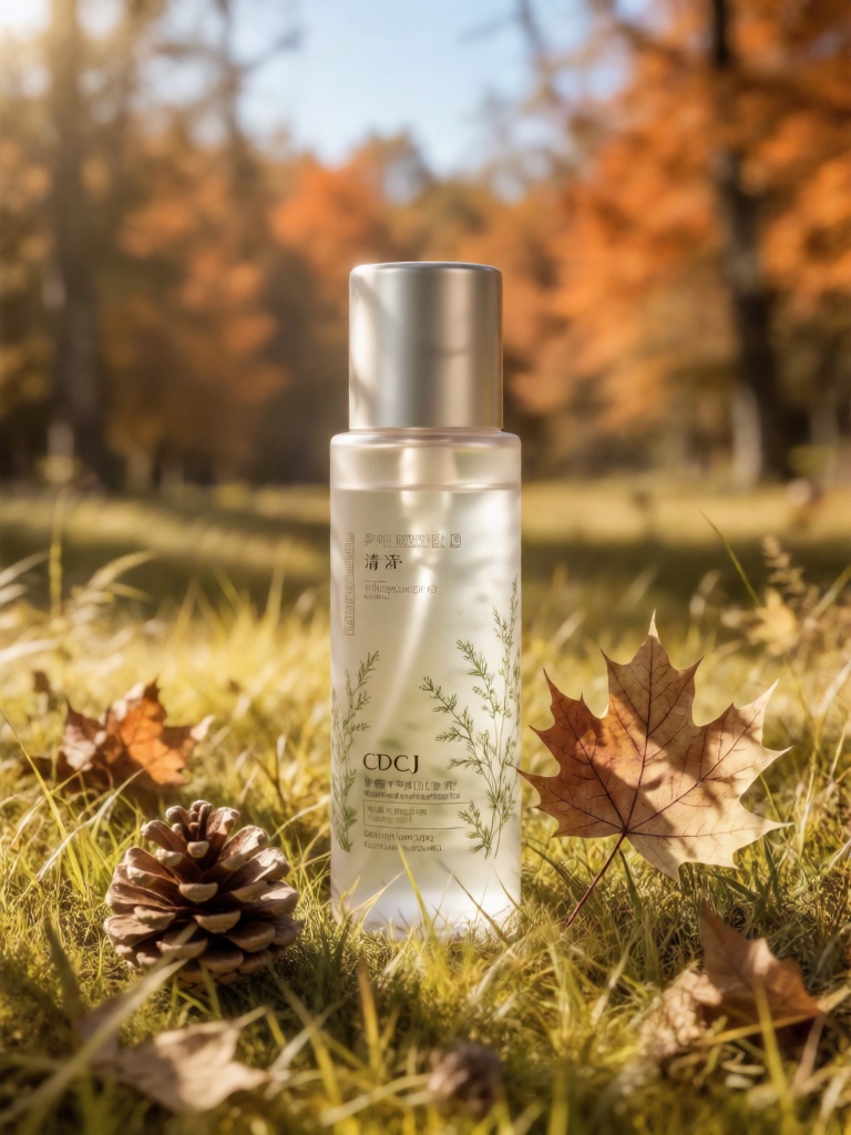 CDCJ, 一瓶清透的植物精华爽肤水立在秋日泛黄的草地上,草叶间夹杂着干枯枫叶与浅棕松果,暖调午后斜阳漫洒,瓶身折射出柔和光泽,瓶身标签印有草本纹样,一侧舒展着几片枫树叶,背景是暖橙调的林间远景,氛围温润复古,自然质感浓郁。
