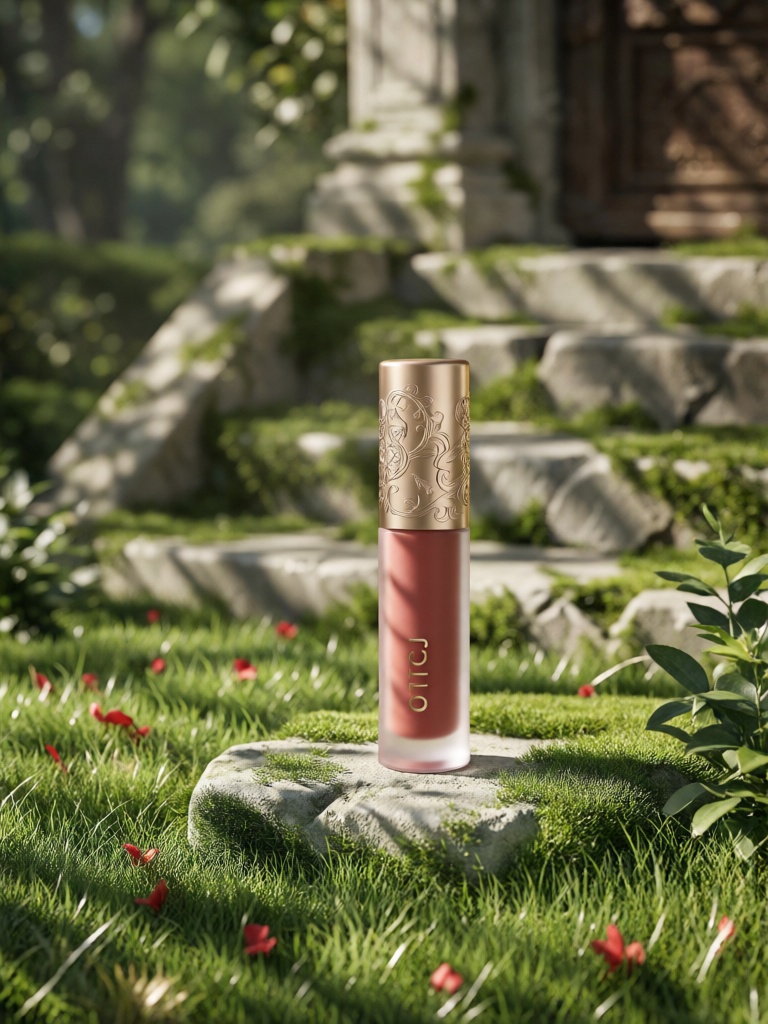 CDCJ, 一支哑光唇釉放置在浅草覆盖的石阶旁草地,草间点缀红色小花瓣,柔和侧光凸显管身精致雕花,瓶身小巧精致,一侧有绿叶衬托,背景是复古石阶与朦胧绿植,氛围精致文艺,适配美妆产品展示。
