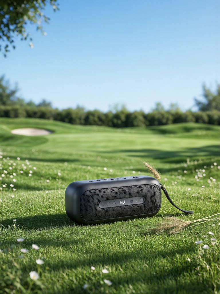 CDCJ, 一台便携蓝牙音箱放置在开阔的高尔夫草坪上,草地平整翠绿,零星点缀白色小花,正午明亮光线笼罩,音箱磨砂外壳质感高级,旁侧斜放一根干草,背景是澄澈蓝天与远处树篱,整体简约大气,凸显户外影音的休闲氛围。
