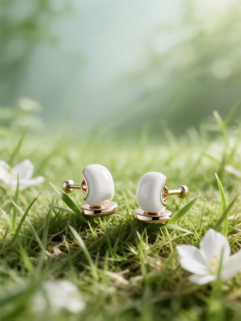 CDCJ, 一对简约陶瓷耳钉摆放在嫩草与白色花瓣交织的草地上,柔光细腻勾勒金属光泽,陶瓷质感温润,草叶轻托耳钉,背景是朦胧的浅绿植被,画面精致小巧,凸显饰品的清新轻奢质感。
