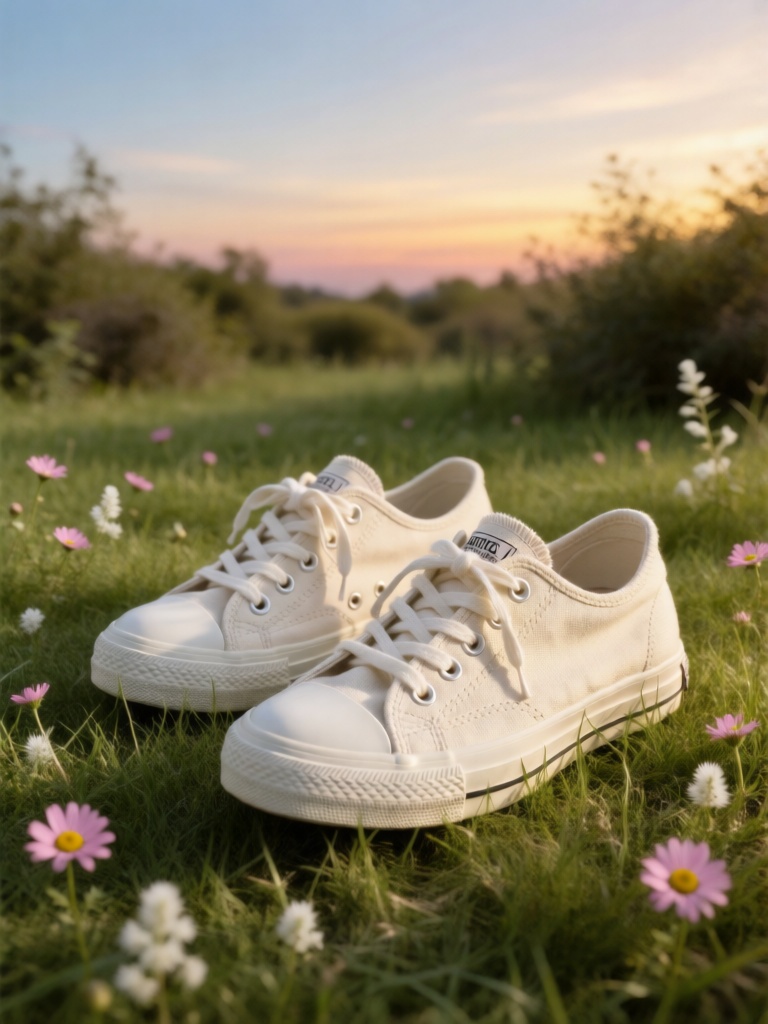CDCJ, 一双米白色简约帆布鞋摆放在松软的草坪上,草地散落粉色小雏菊与白色车轴草,傍晚柔金光线笼罩,鞋面帆布纹理清晰,鞋带轻垂于草间,背景是渐变晚霞与低矮灌木丛,画面慵懒随性,尽显户外休闲的清新格调。
