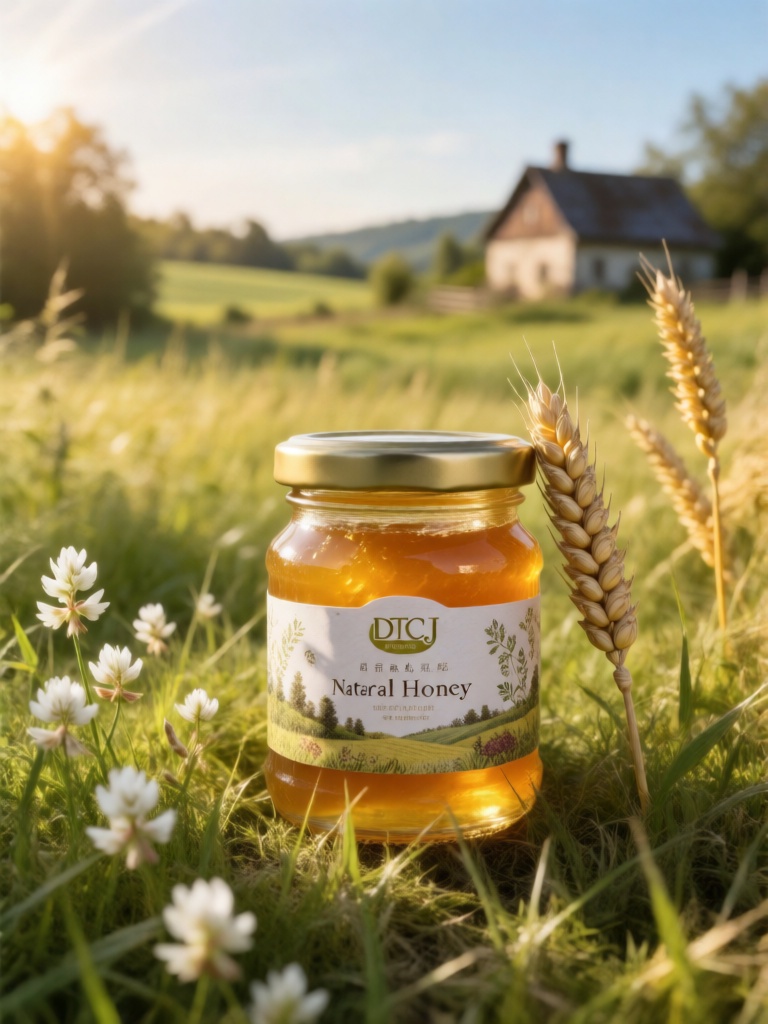 CDCJ, 一瓶天然蜂蜜果酱放置在田园草地之上,草间混着白色车轴草与金黄麦穗,暖调斜阳漫洒,玻璃罐身透着温润蜜色,标签印着田园纹样,旁侧有麦穗倚靠,背景是田园农舍远景,氛围质朴治愈。
