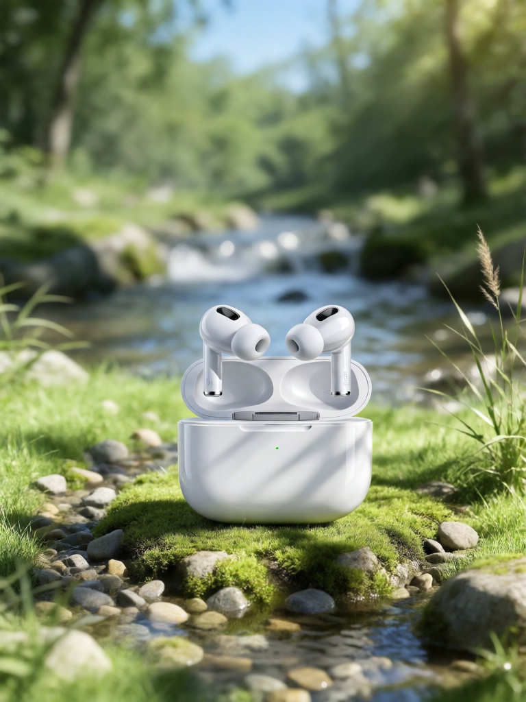 CDCJ, 一台极简白色无线蓝牙耳机充电仓放置在溪边湿润的青草地之上,草地间混着细碎卵石与浅绿苔藓,午后阳光通透洒落,在耳机外壳形成细腻高光,旁侧有细长芦苇轻拂,背景是潺潺溪流与朦胧绿树,整体场景干净澄澈,光影对比柔和,凸显数码产品的精致质感。
