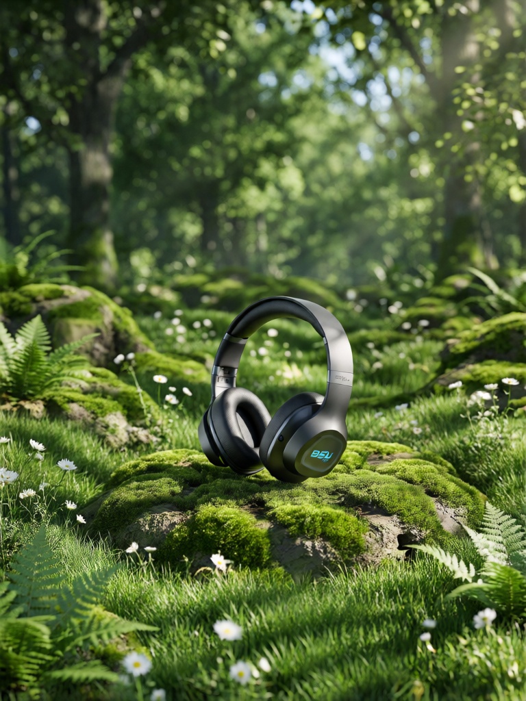 CDCJ, 电竞耳机置于苔藓交织的浓密草地上,周遭环绕翠绿蕨类与白色野菊,林间散射光柔和洒落,背景是浓绿林木与透光枝叶,营造出温润的森系场景。
