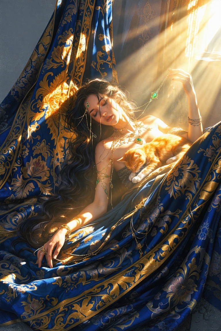 Vertical composition,  elevated perspective looking down. ***** woman,  dark hair styled in loose waves w/ delicate jewele...