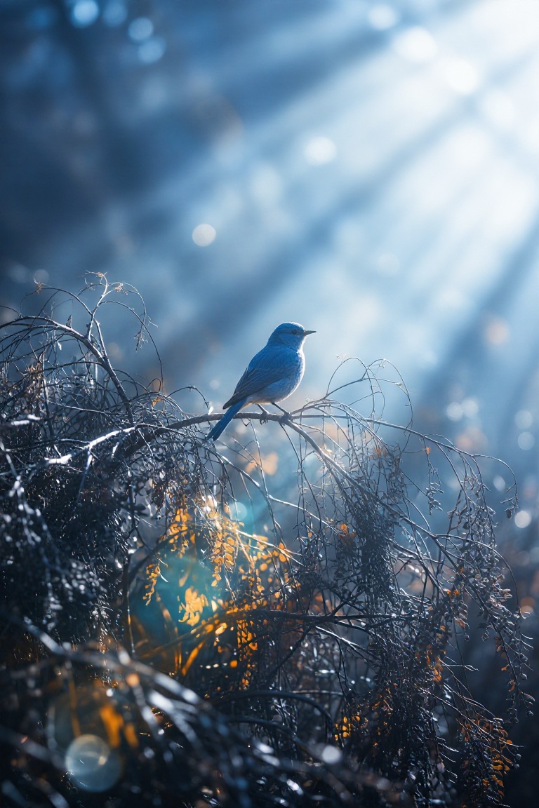 A lone,  small blue bird perches on a delicate branch against a soft,  ethereal by Shopon_skp on Tensor.Art