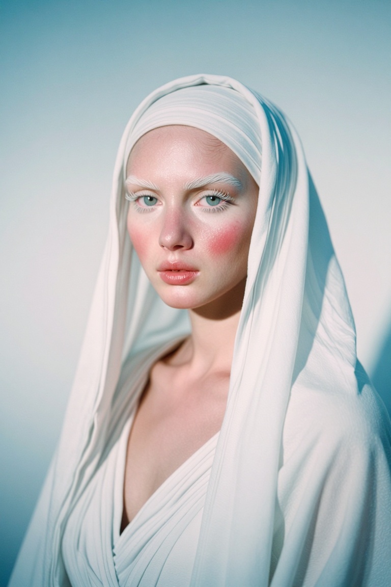 Photograph of a Russian woman,  wearing a white headscarf and a flowing white garment. The background is a soft gradient o...