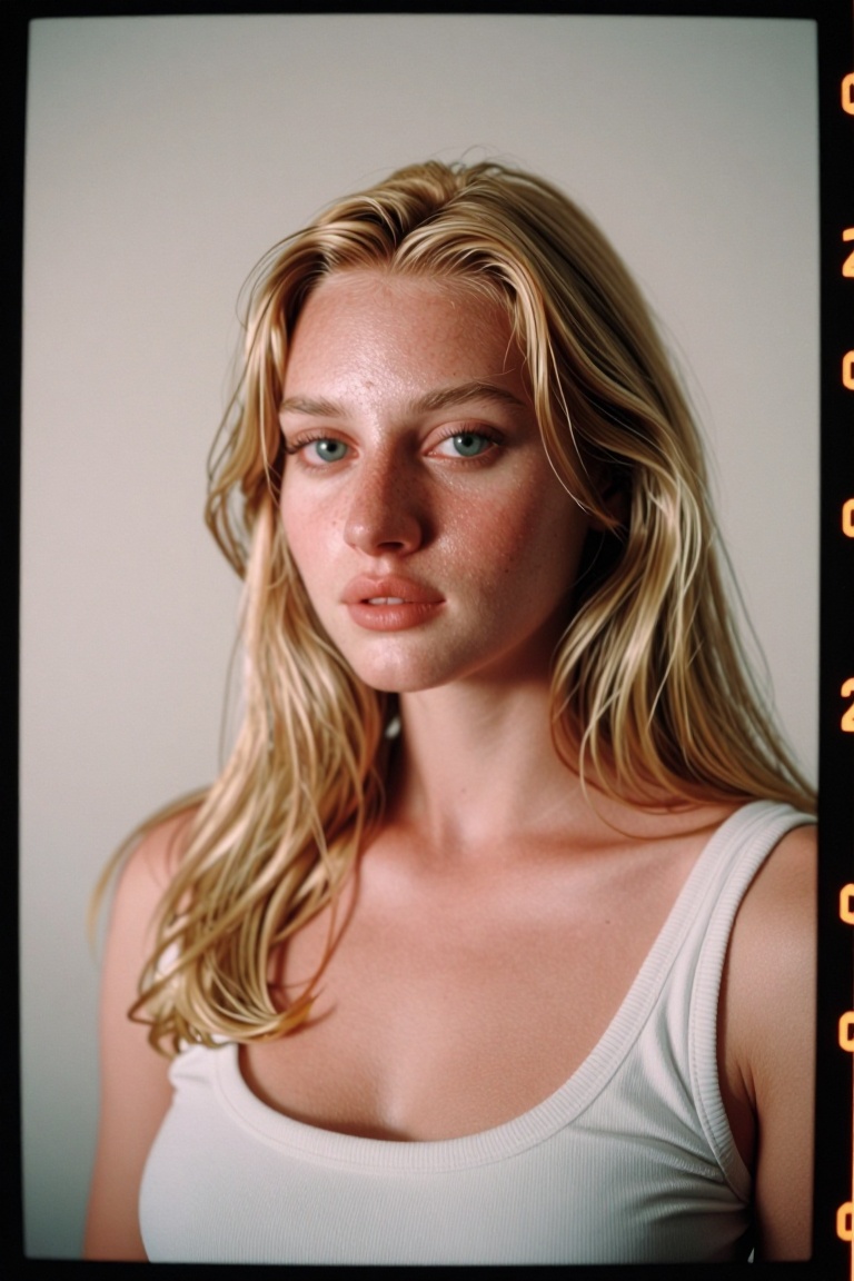 Photograph of a Russian woman,  The image shows a young woman with long,  blonde hair. She is wearing a white sleeveless t...