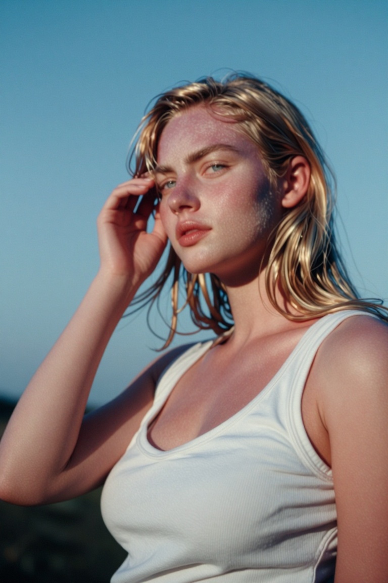 Photograph of a Russian woman,  The image shows a young woman with light blonde hair,  wearing a white sleeveless top. She...