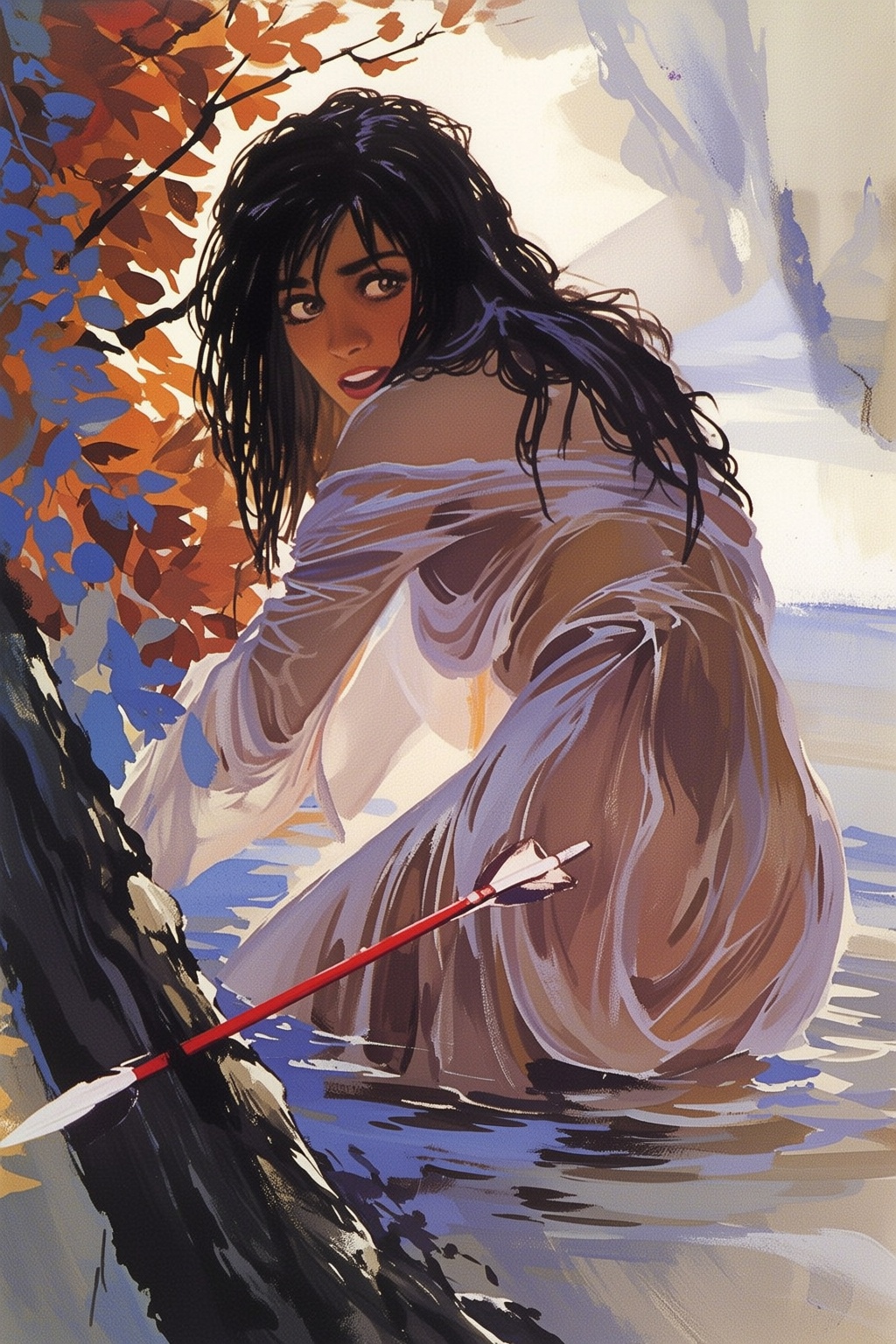 sydmead10q25 painting. Woman with long,  messy dark hair and is leaning forward,  her body partially submerged in water. S...