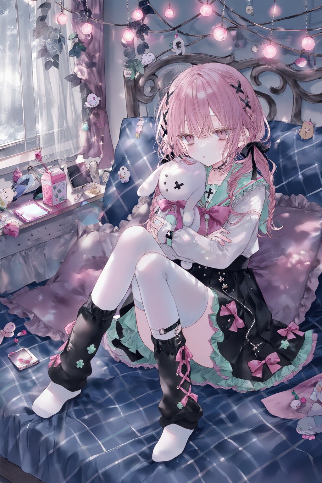 A petite girl sits alone on a navy blue grid-patterned bed,  her knees drawn up as she clutches a worn stuffed bunny plush...