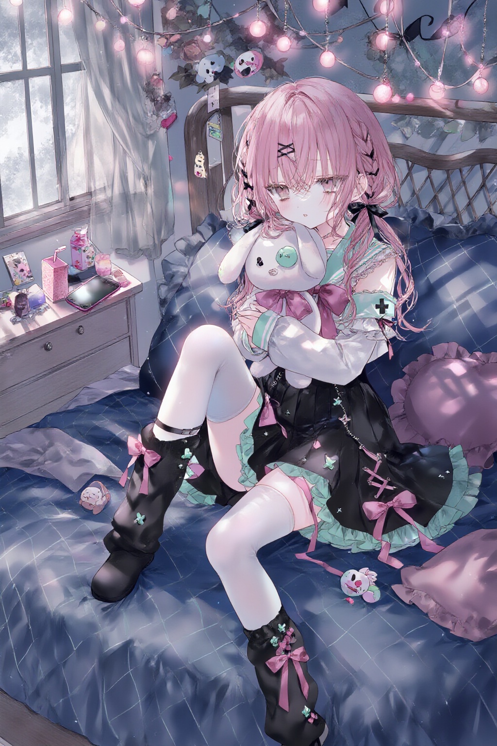 A petite girl sits alone on a navy blue grid-patterned bed,  her knees drawn up as she clutches a worn stuffed bunny plush...