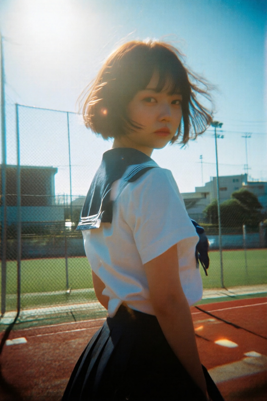 photograph of an asian woman with a short,  brown bob haircut,  standing on a sunlit baseball field by 秦皇术士 on Tensor.Art