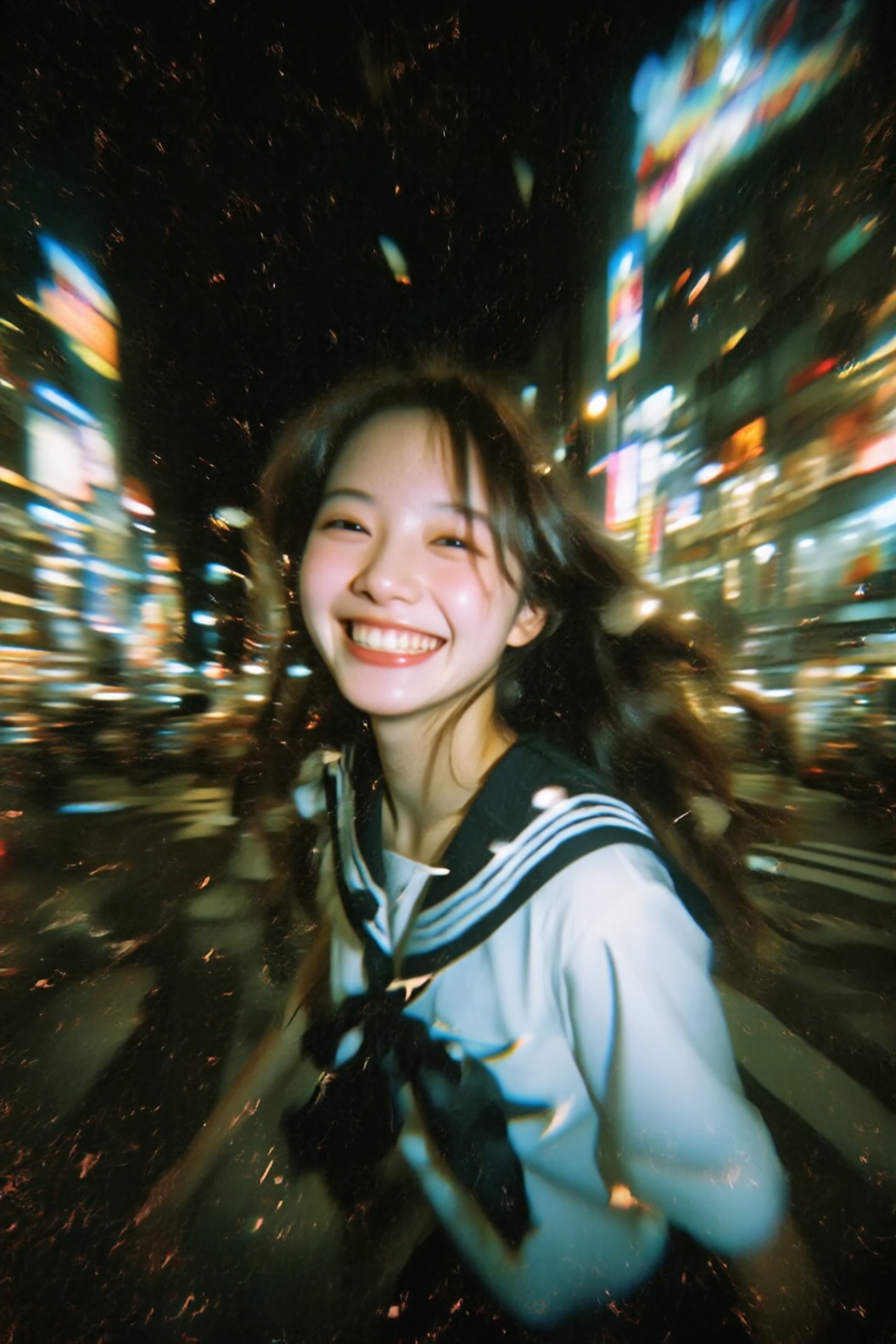 this photograph captures a young asian woman with fair skin and long,  dark brown hair,  smiling brightly as she walks thr...
