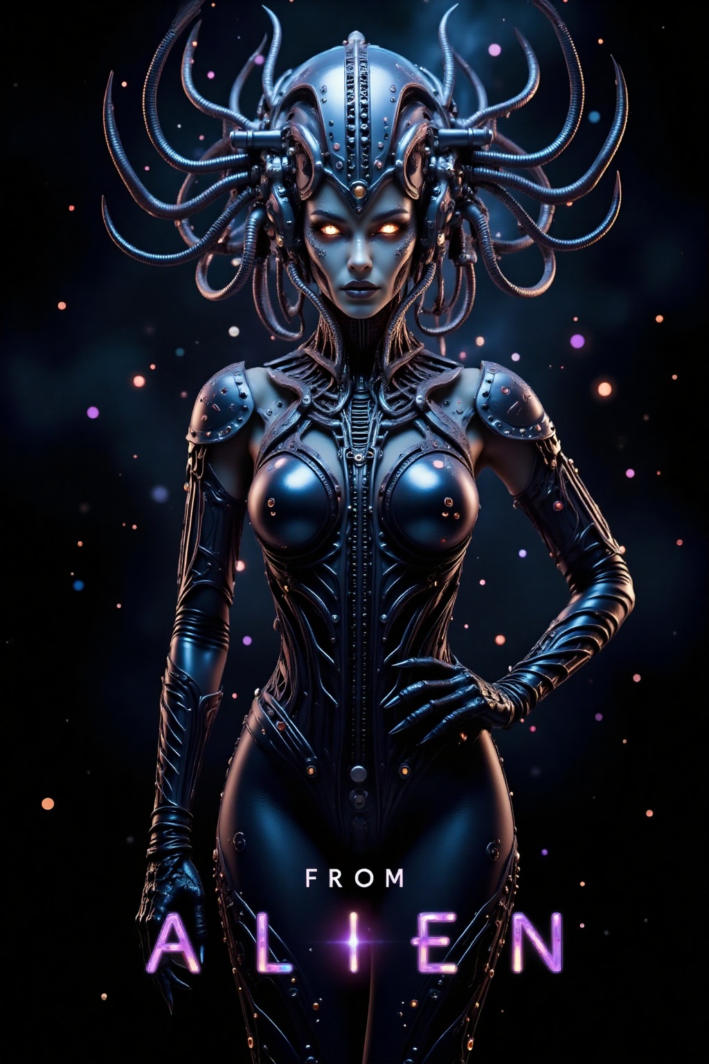 Top quality. Inspiration: Cover design. Image: An alien woman with tentacles covering her head,  gazing at the camera,  fl...