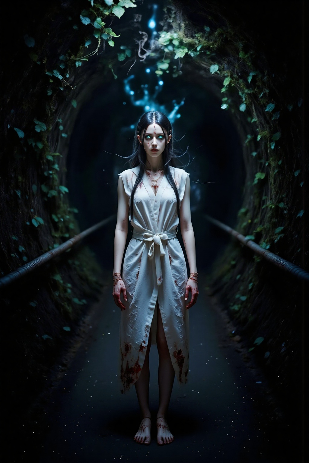 Top quality. Inspiration: Underground tunnel,  bloodied hands,  a girl in white. Visuals: Close-up: In a dark on Tensor.Art