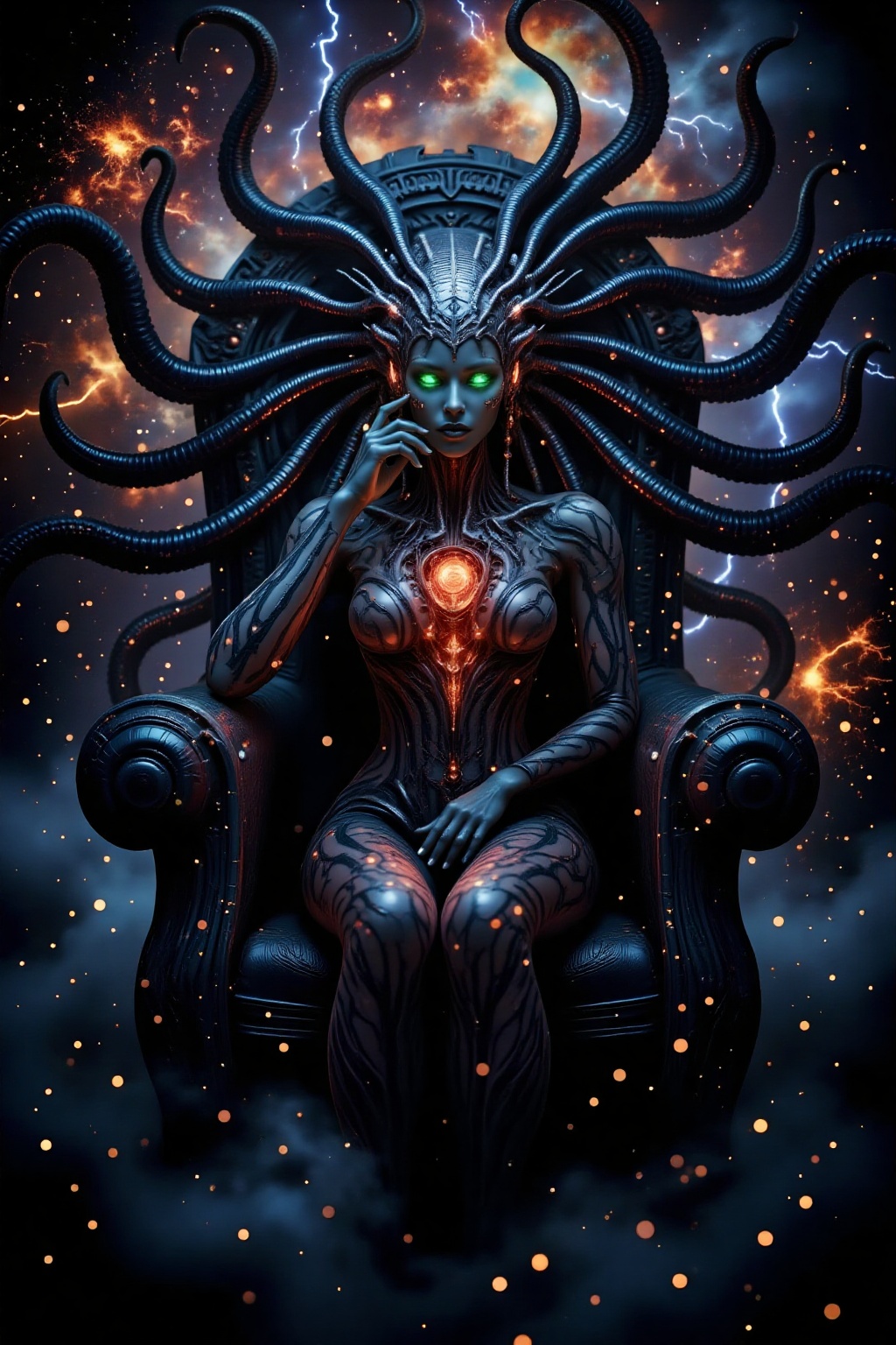 A beautiful queen reclined languidly on a throne formed of tentacles. One hand cradled her head,  her eyes half-closed. A...