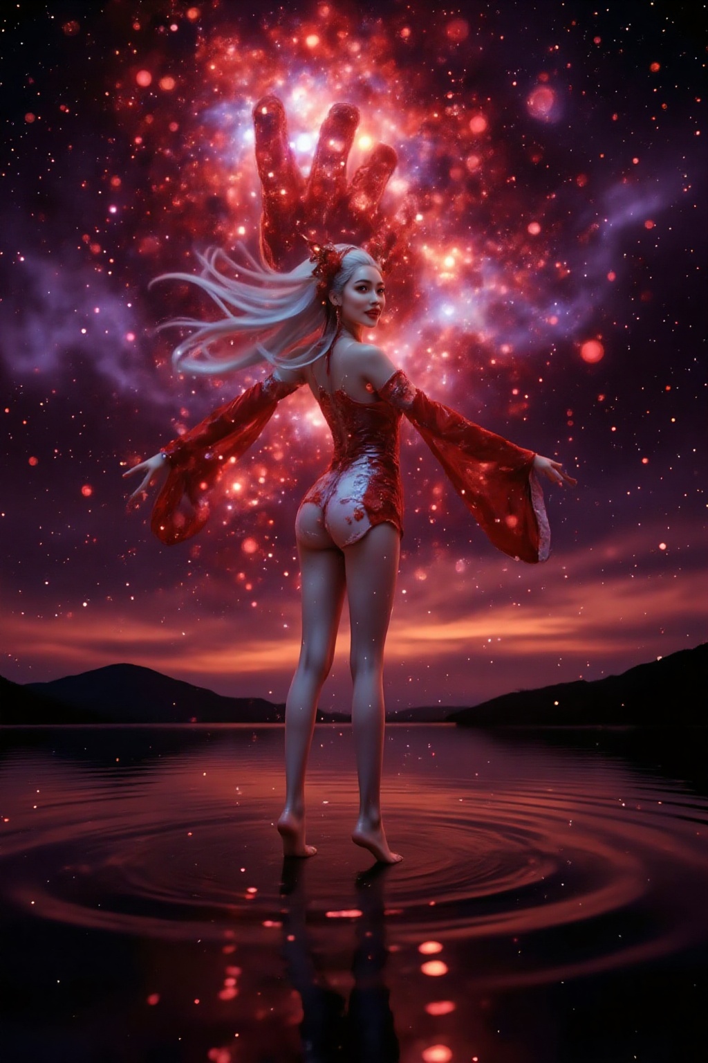 Top quality. Inspiration: Lake,  Blood Moon,  Demonic Hand. Image: Close-up: A blood-red sky on Tensor.Art