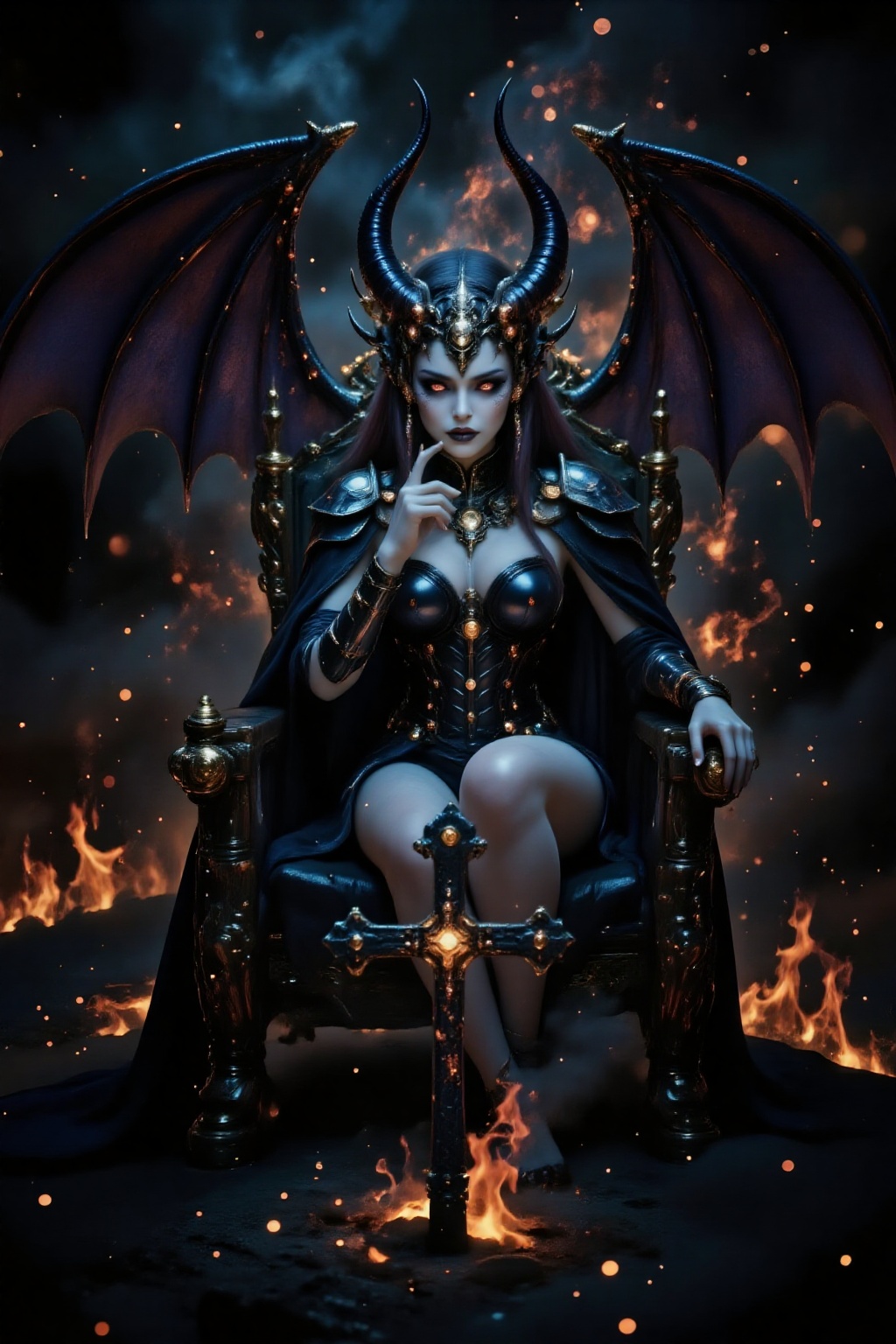 A busty girl with huge black devil wings (like bat-like wings),  raised her chin with an arrogant expression on her face,...