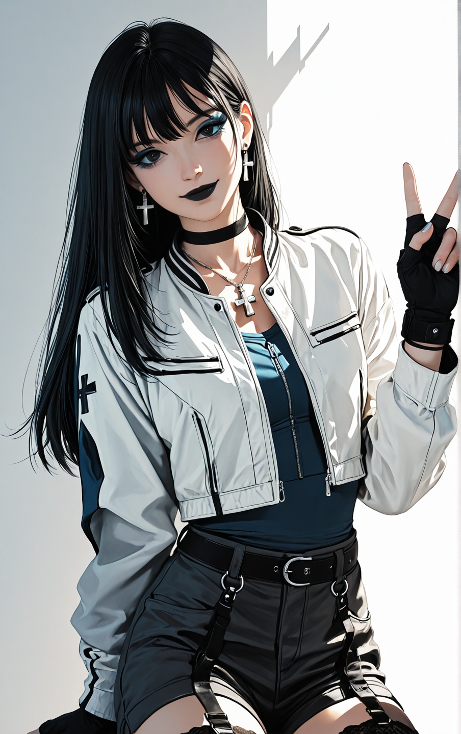 Full-body anime-style girl,  solo,  smooth gradient background from deep midnight blue (top) to muted cool gray (bottom) b...