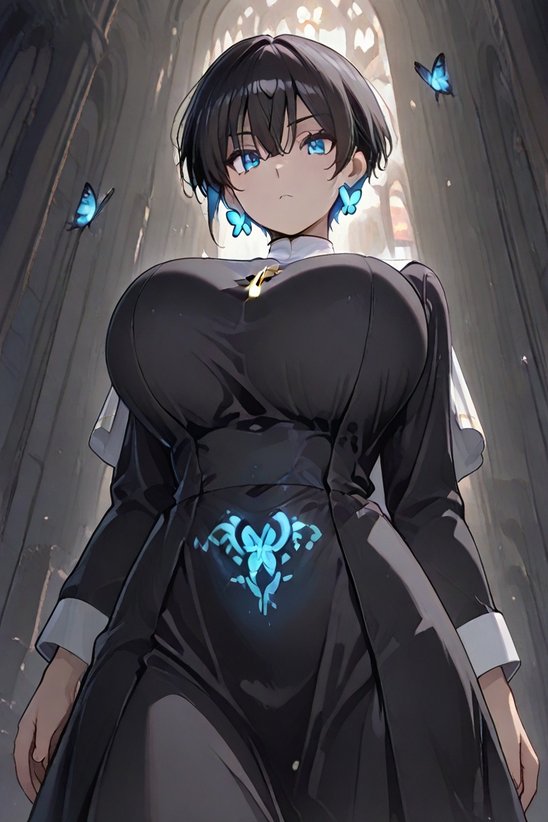 (Boyish,  very short hair) Black HARE Kiyoka-chan,  blue glowing earrings on Tensor.Art