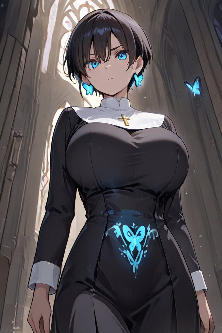 (Boyish,  very short hair) Black HARE Kiyoka-chan,  blue glowing earrings on Tensor.Art