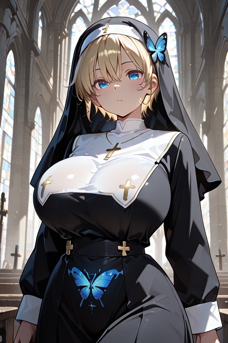 Very short hair Beautiful nun,  A nun with a beautiful bust line,  masterpiece on Tensor.Art