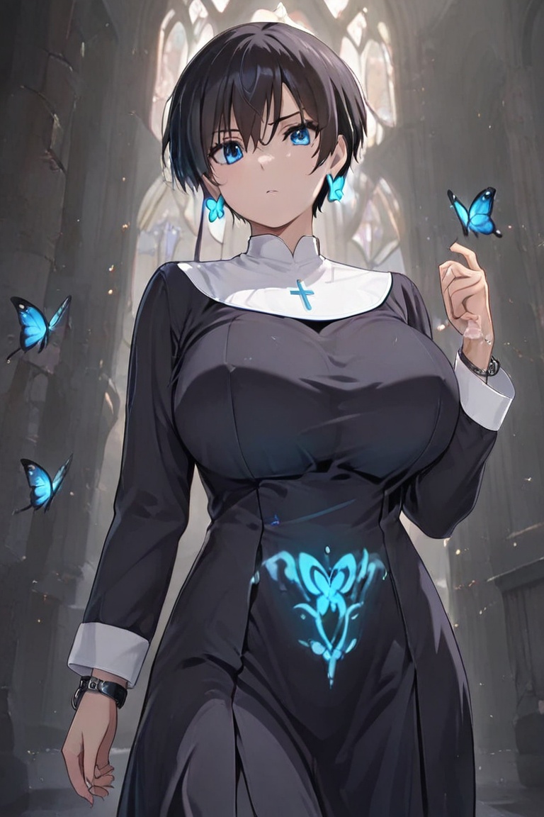 (Boyish,  very short hair) Black HARE Kiyoka-chan,  blue glowing earrings on Tensor.Art