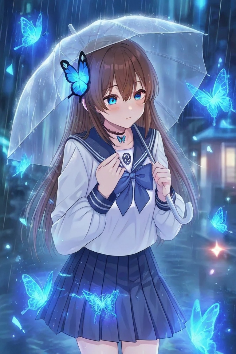 A Cute Cross-Dressing Boy Long brown hair,  Blue butterfly-shaped hair,  Blue and white long-sleeved sailor uniform on Ten...