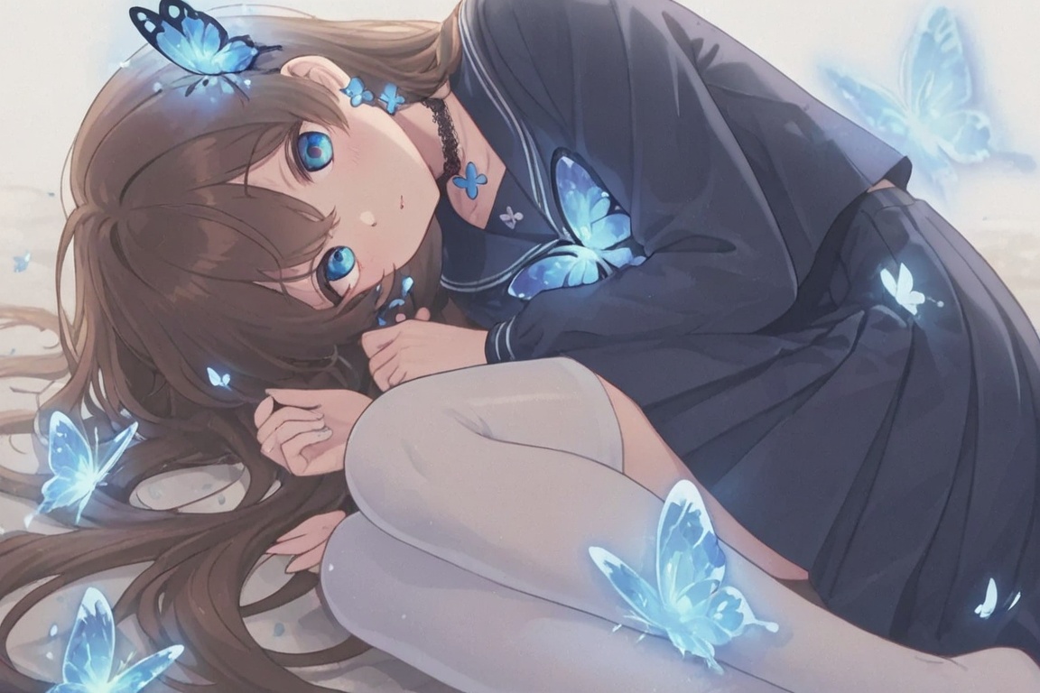 Long brown hair,  Blue butterfly-shaped hair,  Blue and white long-sleeved sailor uniform on Tensor.Art