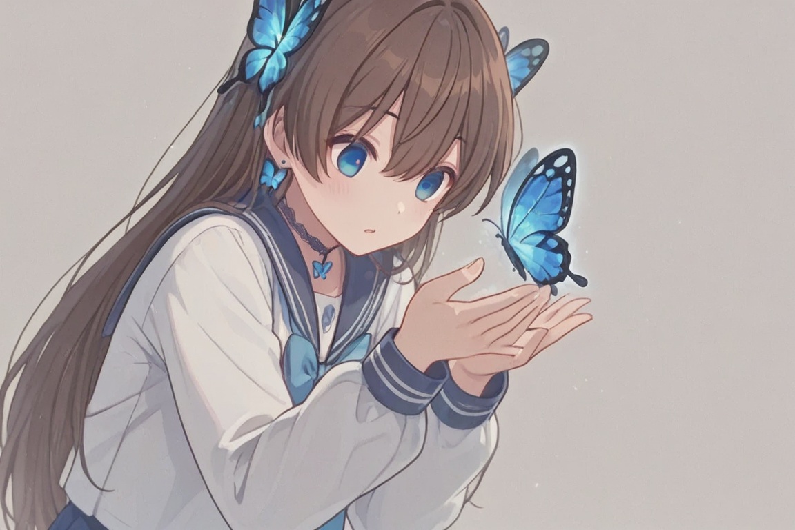 Long brown hair,  Blue butterfly-shaped hair,  Blue and white long-sleeved sailor uniform on Tensor.Art