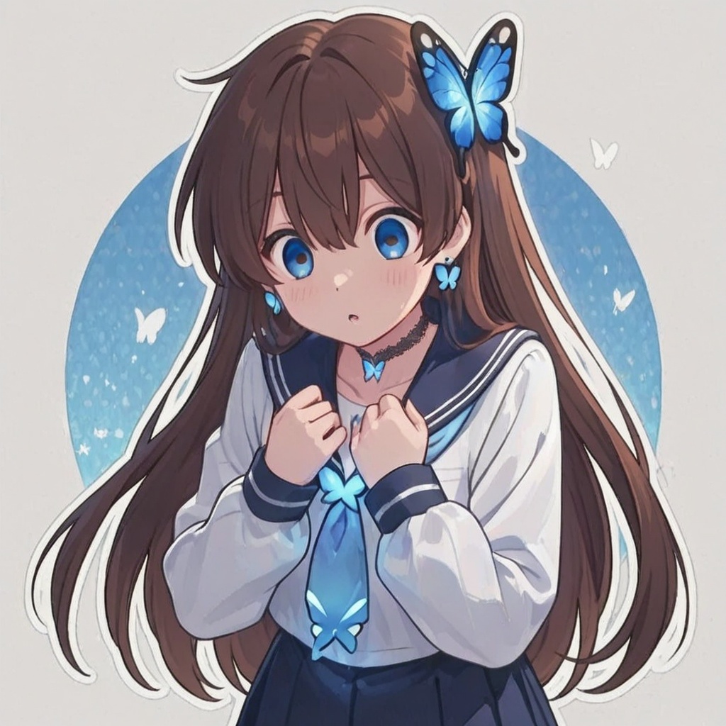 Long brown hair,  Blue butterfly-shaped hair,  Blue and white long-sleeved sailor uniform on Tensor.Art