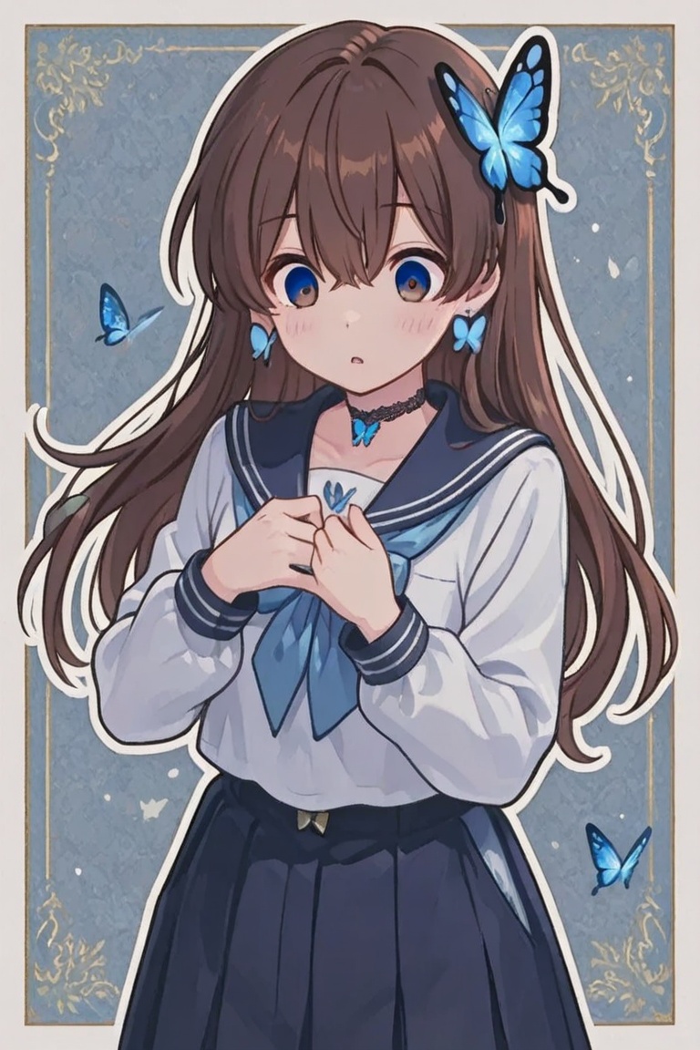 Long brown hair,  Blue butterfly-shaped hair,  Blue and white long-sleeved sailor uniform on Tensor.Art
