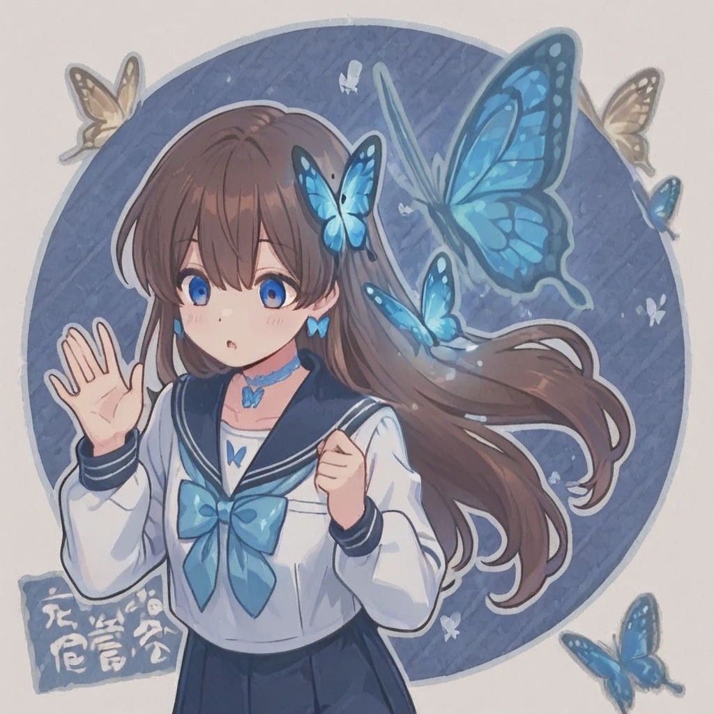 Long brown hair,  Blue butterfly-shaped hair,  Blue and white long-sleeved sailor uniform on Tensor.Art