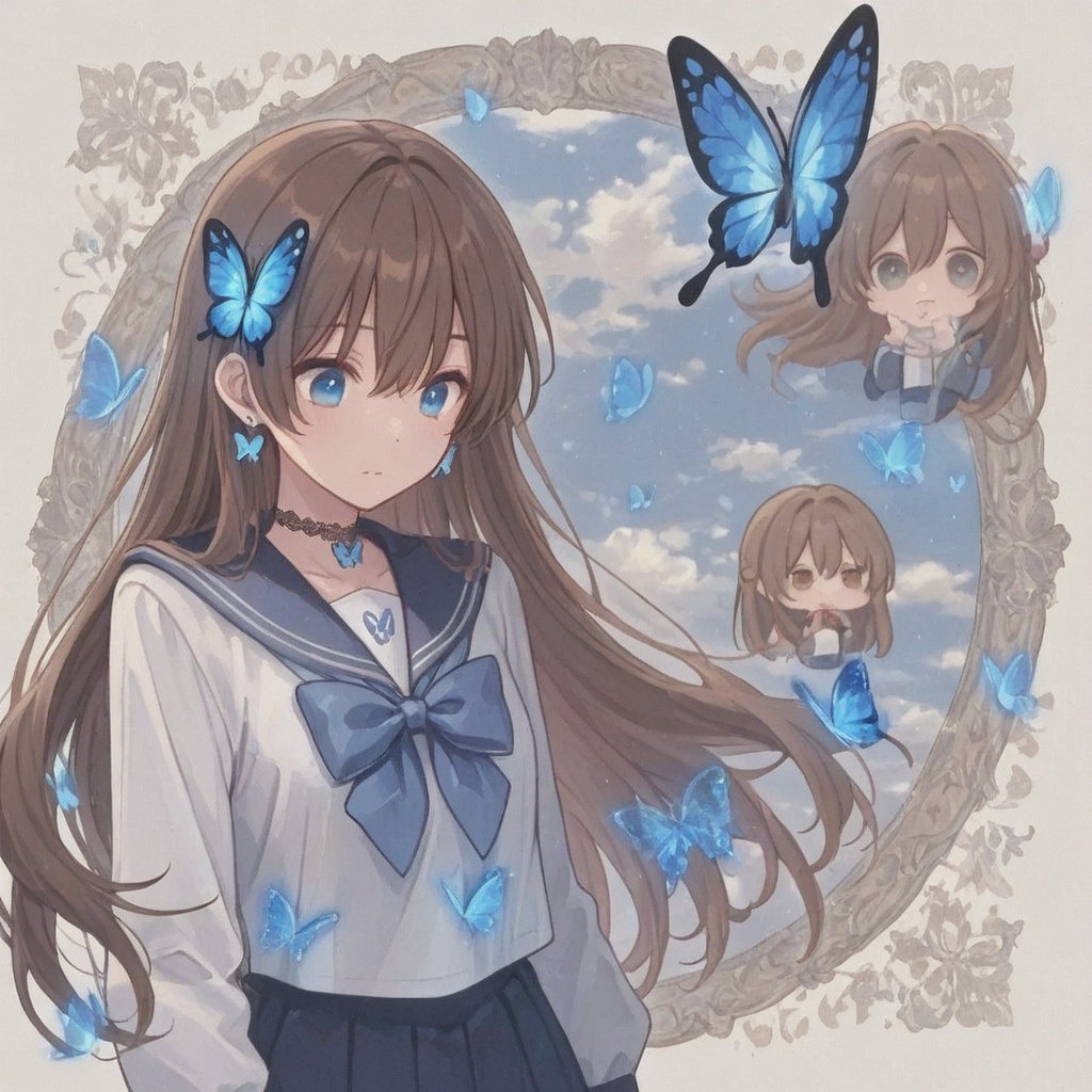 Long brown hair,  Blue butterfly-shaped hair,  Blue and white long-sleeved sailor uniform on Tensor.Art
