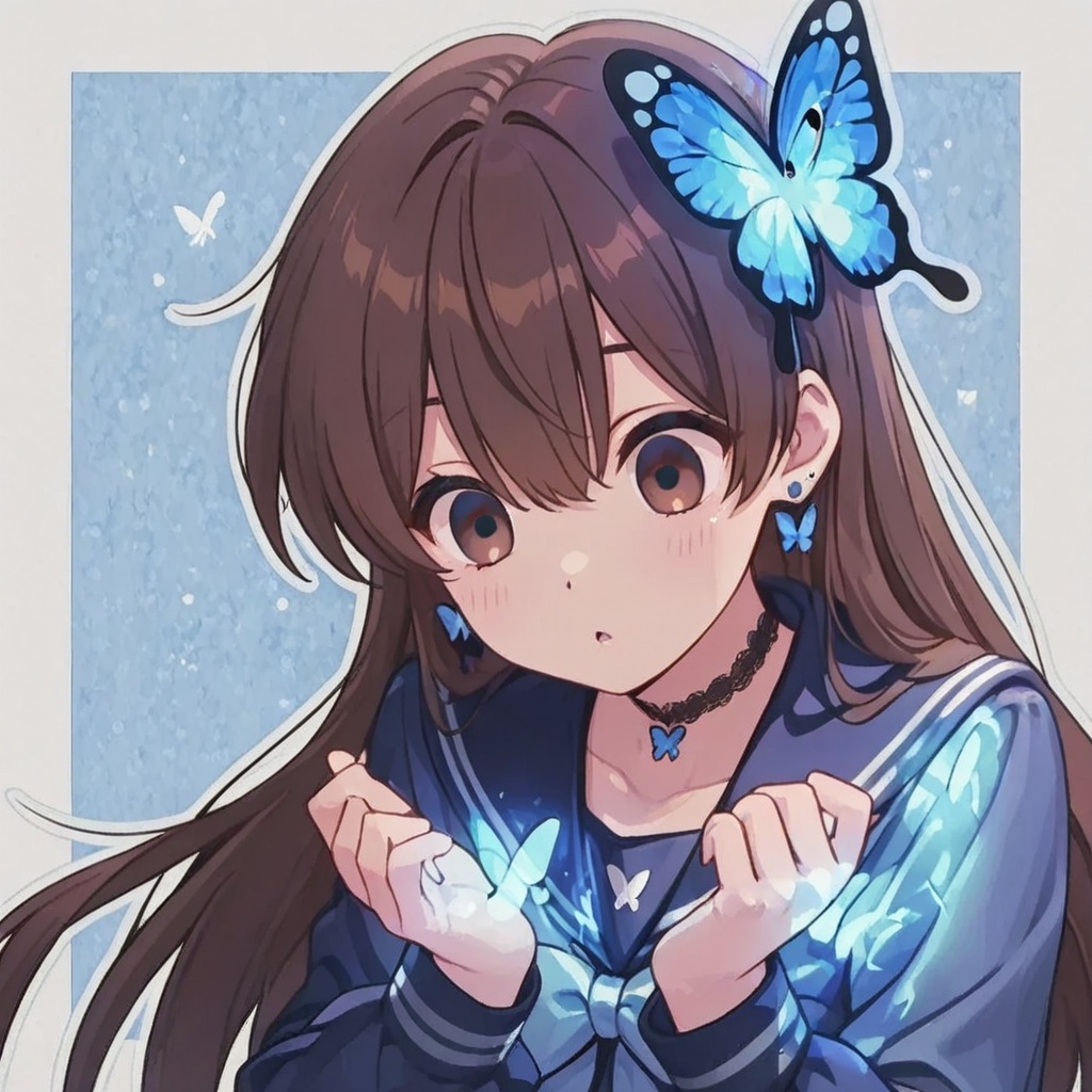 Long brown hair,  Blue butterfly-shaped hair,  Blue and white long-sleeved sailor uniform on Tensor.Art