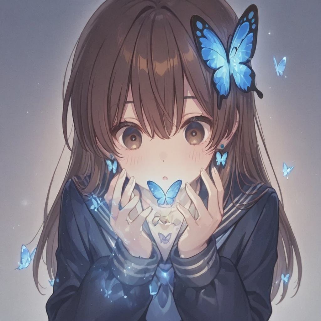 Long brown hair,  Blue butterfly-shaped hair,  Blue and white long-sleeved sailor uniform on Tensor.Art