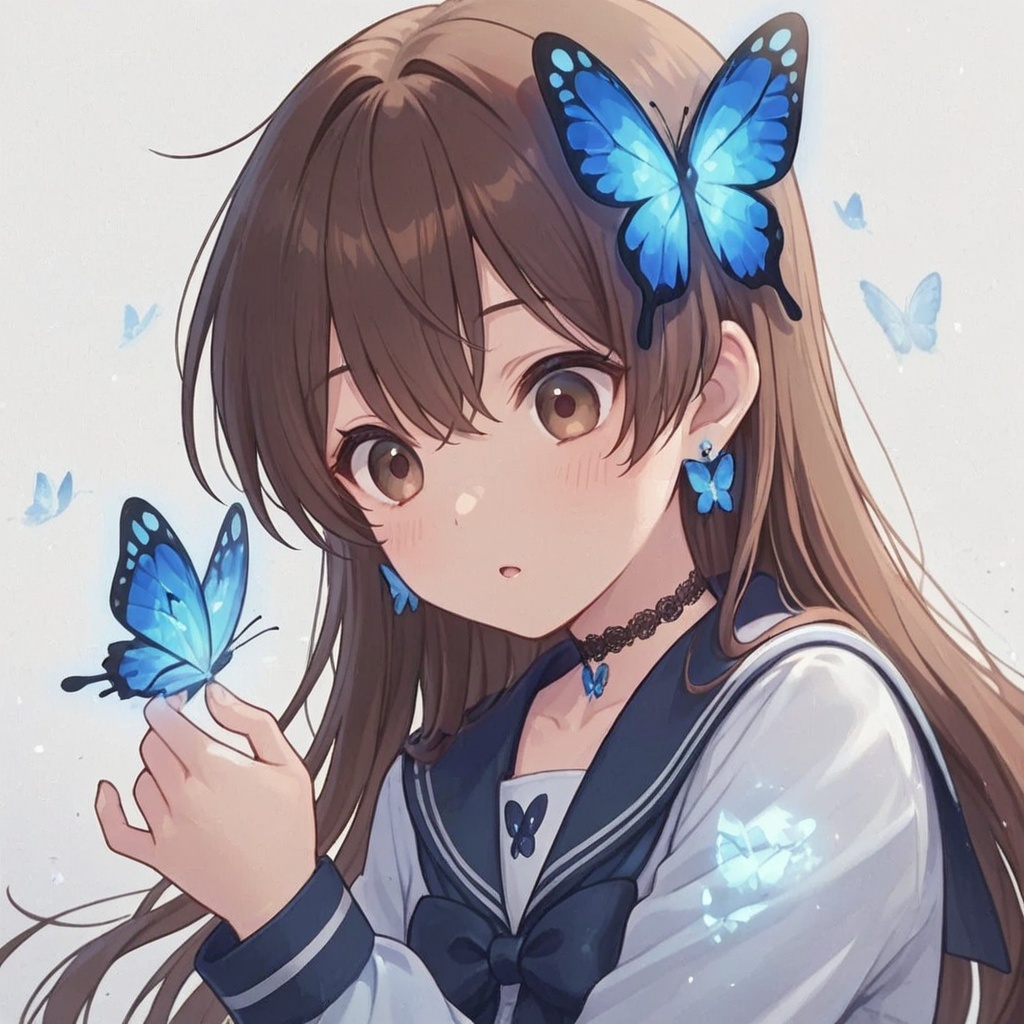Long brown hair,  Blue butterfly-shaped hair,  Blue and white long-sleeved sailor uniform on Tensor.Art