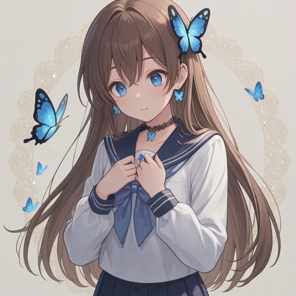 Long brown hair,  Blue butterfly-shaped hair,  Blue and white long-sleeved sailor uniform on Tensor.Art
