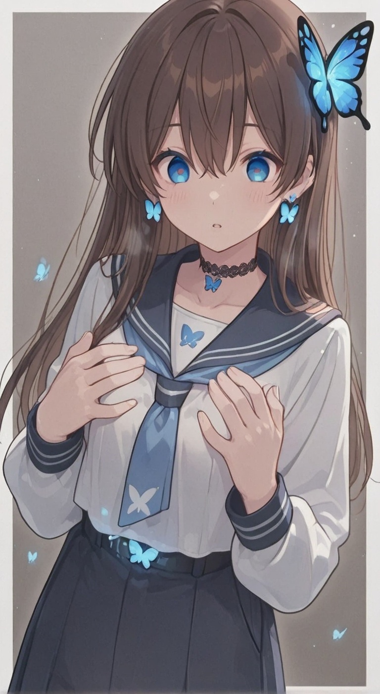 Long brown hair,  Blue butterfly-shaped hair,  Blue and white long-sleeved sailor uniform on Tensor.Art