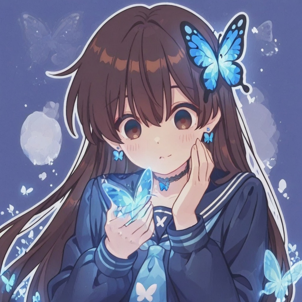 Long brown hair,  Blue butterfly-shaped hair,  Blue and white long-sleeved sailor uniform on Tensor.Art