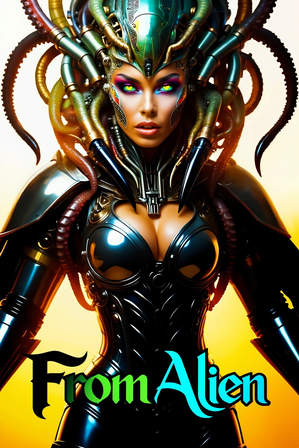 Top quality. Inspiration: Cover design. Image: An alien woman with tentacles covering her head,  gazing at the camera,  fl...