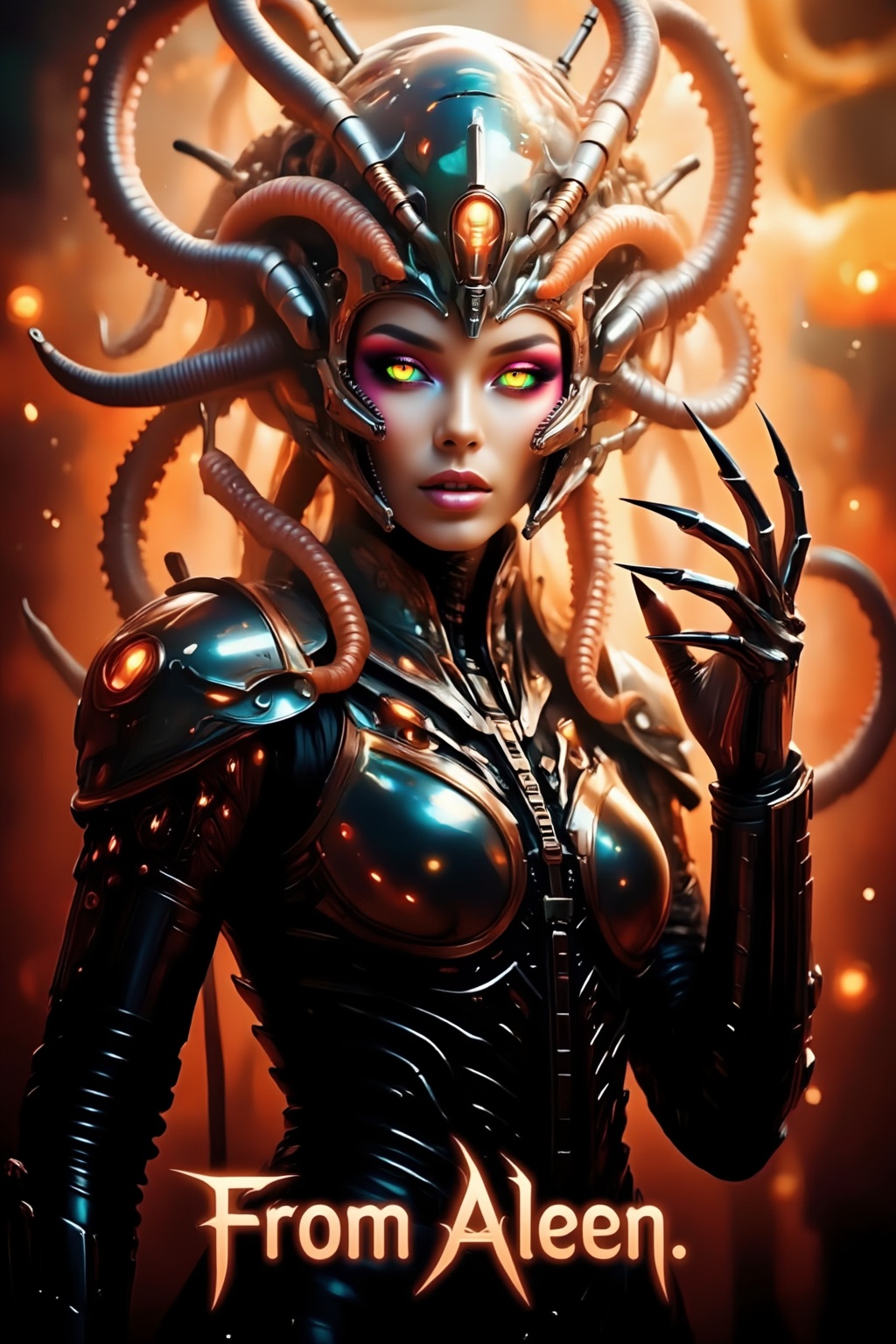 Top quality. Inspiration: Cover design. Image: An alien woman with tentacles covering her head,  gazing at the camera,  fl...