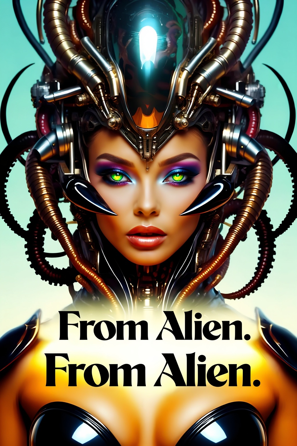 Top quality. Inspiration: Cover design. Image: An alien woman with tentacles covering her head,  gazing at the camera,  fl...